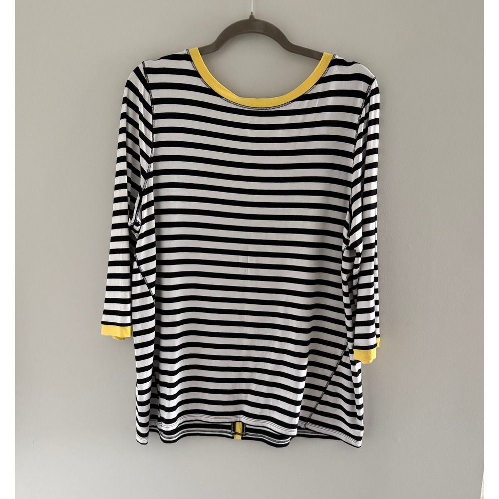 Zenergy by Chicos Black White Striped Yellow Trim V-Neck 3/4 Sleeve Sz 2-US LG